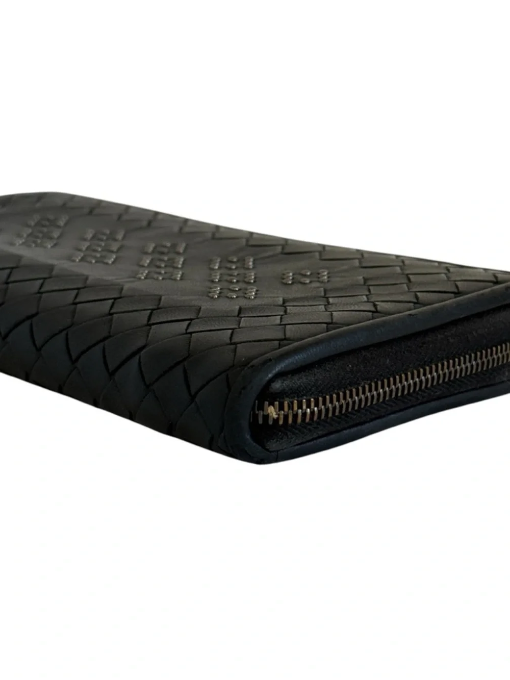 Bottega Veneta Zip Around Wallet Intrecciato‎ Stud Detail Black Leather Long